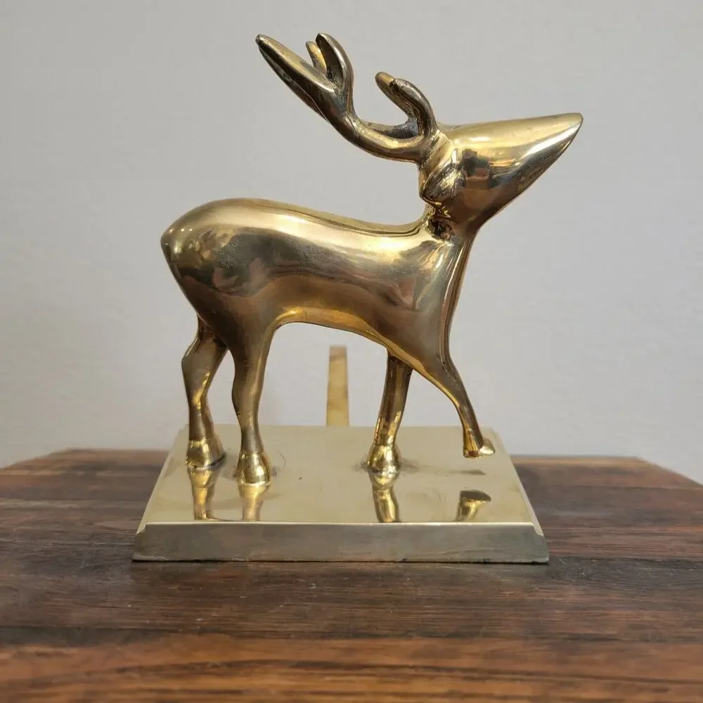 Vintage Brass Reindeer Stocking Hanger Long Arm Heavy Mantel Hook Stag 5.75